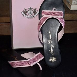 Y2K Juicy Couture Leora Pink Sequin Bow Thong Sandals Flip Flops 7.5 in Box